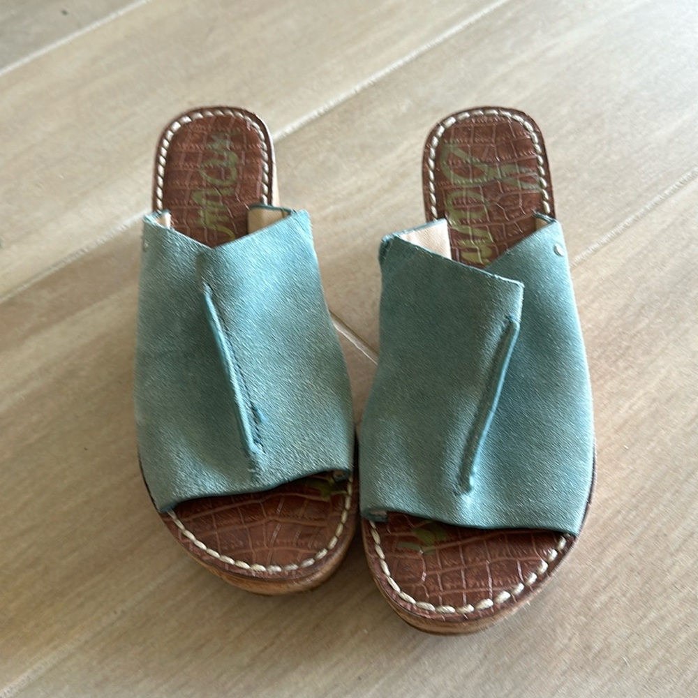 Sam Edelman slip on teal/green slide cork wedges